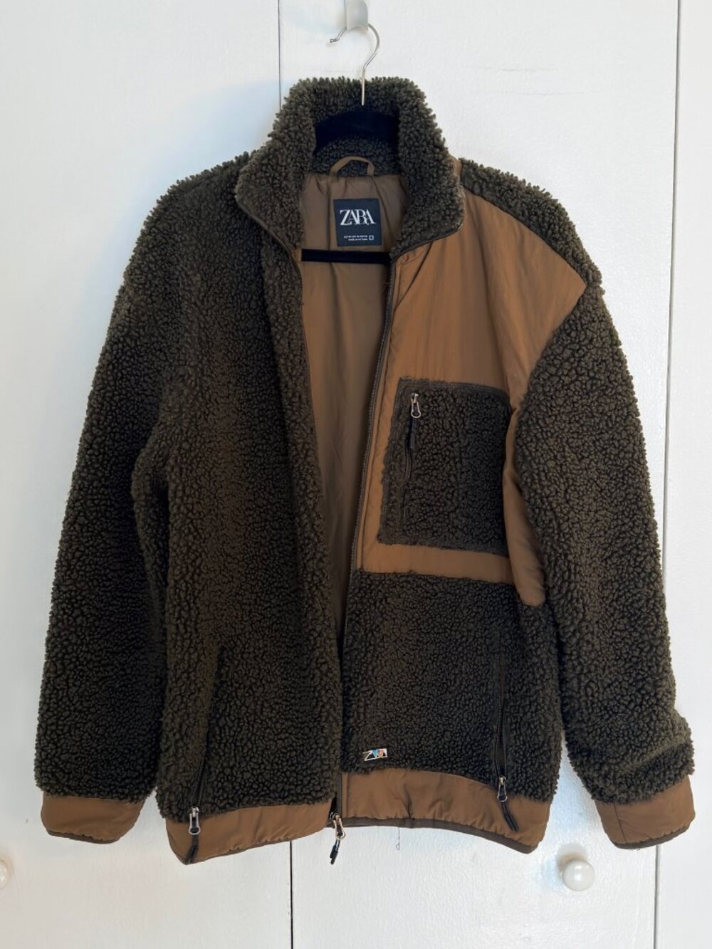 Zara Men's Sherpa Colorblock Quilted Jacket Olive Green Mountain Patch Size M